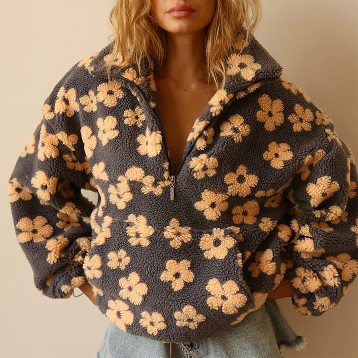 Layla | Women's Oversized Floral Sherpa Fleece Half-Zip Pullover Sweater