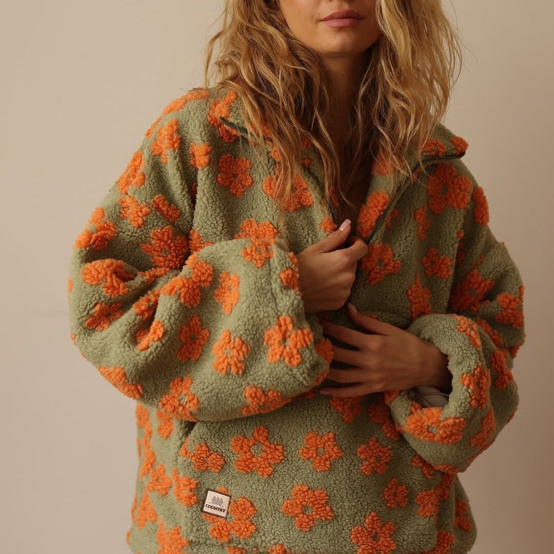 Layla | Women's Oversized Floral Sherpa Fleece Half-Zip Pullover Sweater