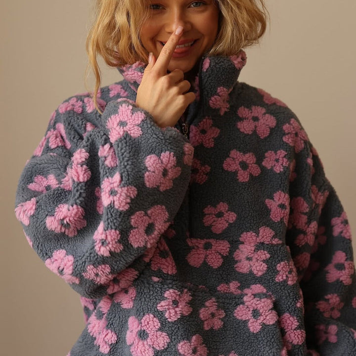 Layla | Women's Oversized Floral Sherpa Fleece Half-Zip Pullover Sweater