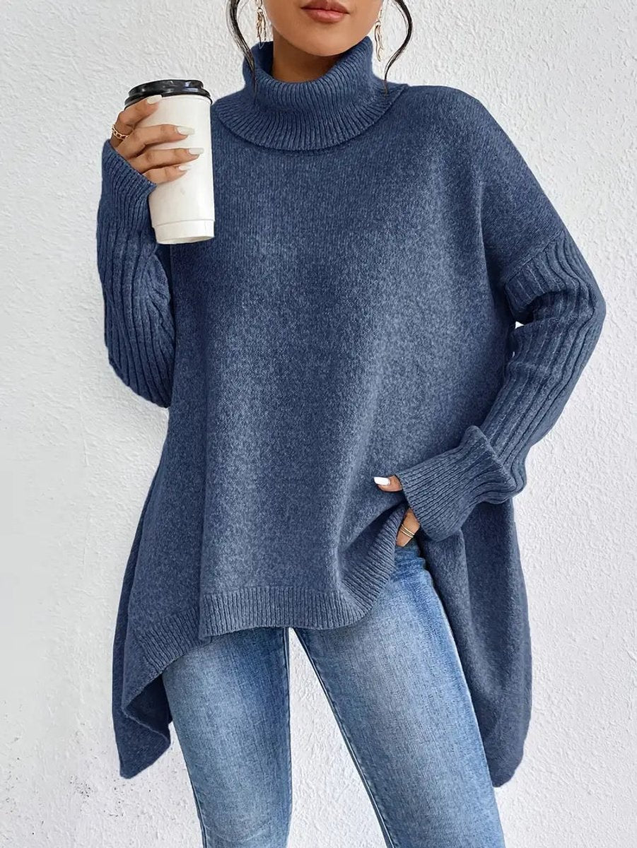 Victoria | Women's Oversized Long Ribbed Turtleneck Sweater Asymmetric Hem