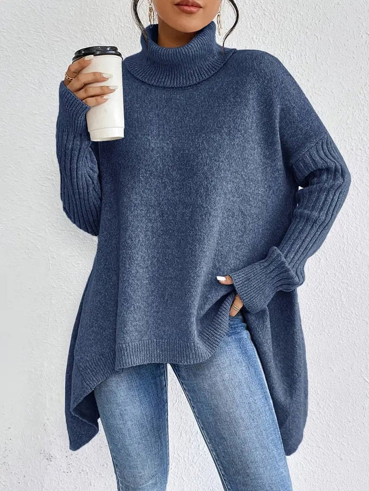 Victoria | Women's Oversized Long Ribbed Turtleneck Sweater Asymmetric Hem