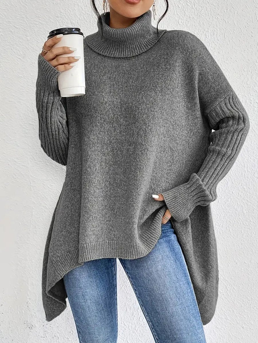 Victoria | Women's Oversized Long Ribbed Turtleneck Sweater Asymmetric Hem