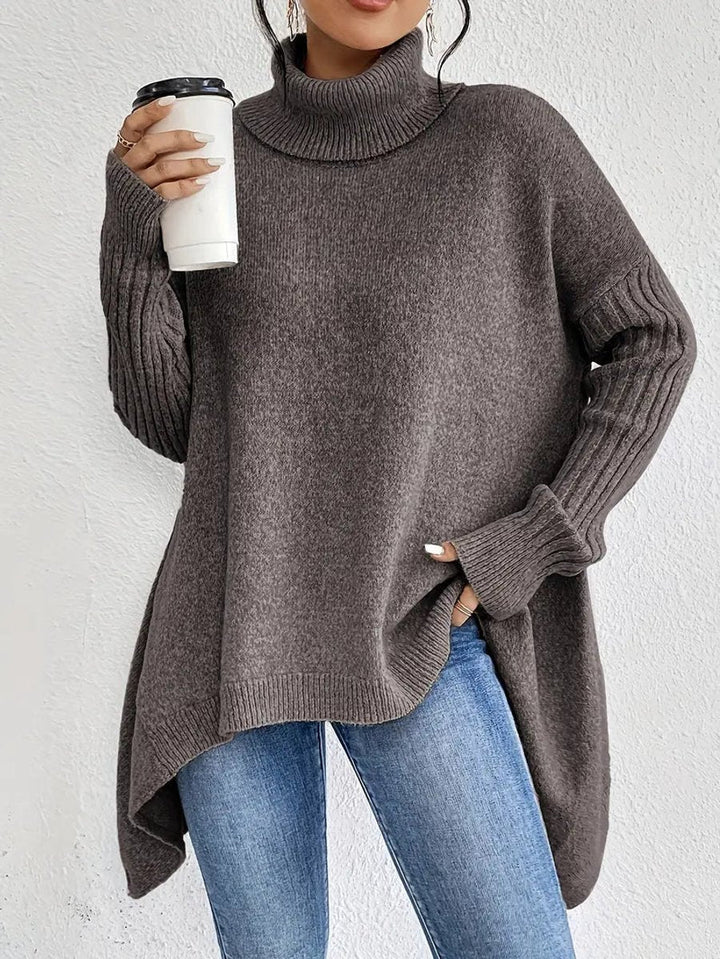 Victoria | Women's Oversized Long Ribbed Turtleneck Sweater Asymmetric Hem