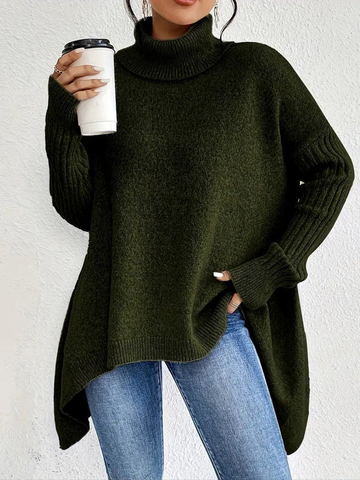 Victoria | Women's Oversized Long Ribbed Turtleneck Sweater Asymmetric Hem