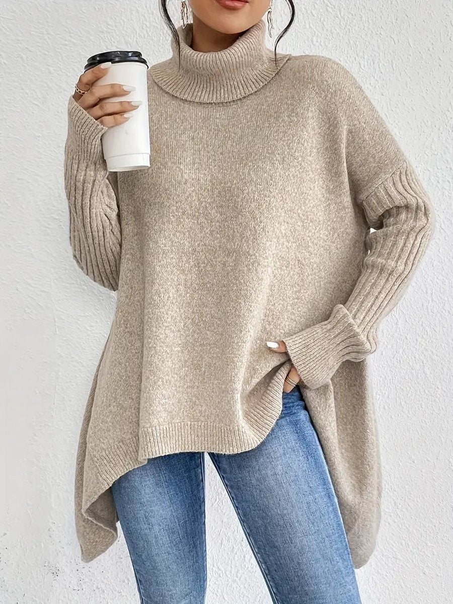 Victoria | Women's Oversized Long Ribbed Turtleneck Sweater Asymmetric Hem