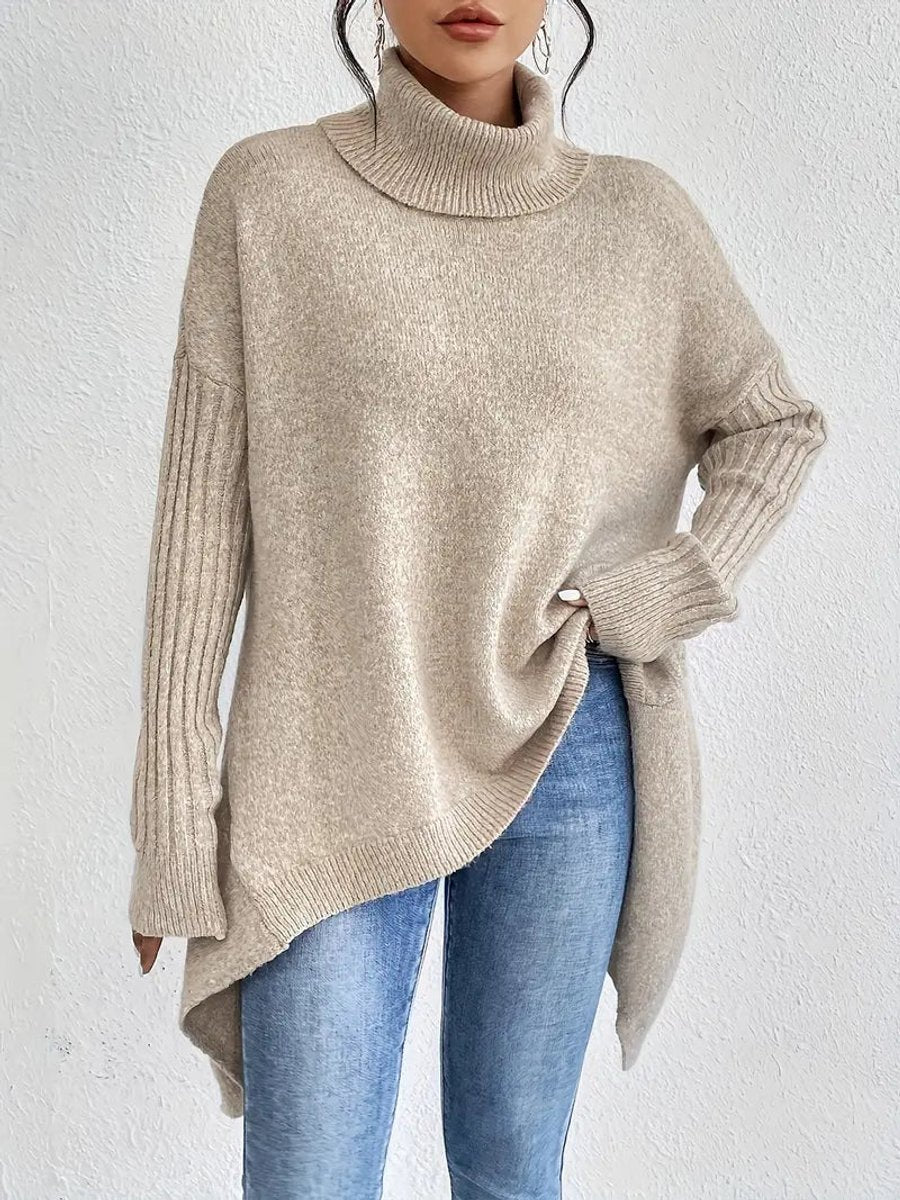 Victoria | Women's Oversized Long Ribbed Turtleneck Sweater Asymmetric Hem