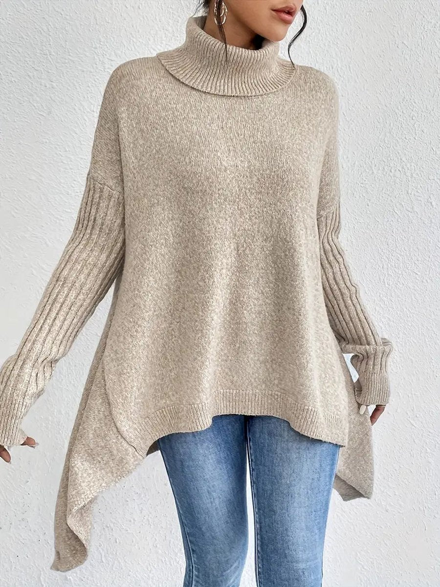 Victoria | Women's Oversized Long Ribbed Turtleneck Sweater Asymmetric Hem