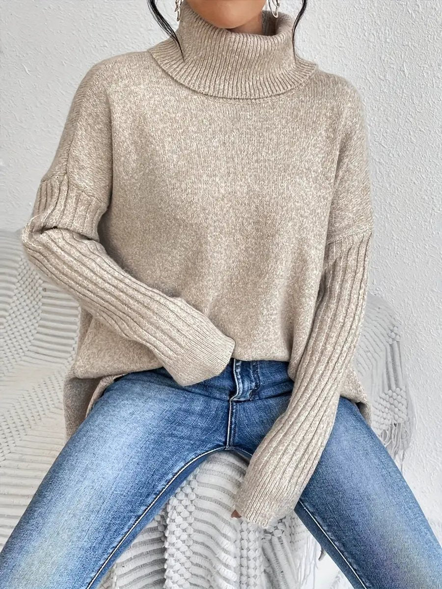Victoria | Women's Oversized Long Ribbed Turtleneck Sweater Asymmetric Hem