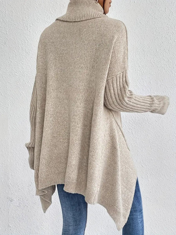 Victoria | Women's Oversized Long Ribbed Turtleneck Sweater Asymmetric Hem