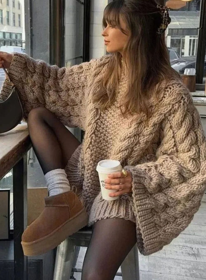 Evelyn | Women's Oversized Loose Cable-Knit Wide-Sleeve Pullover Sweater