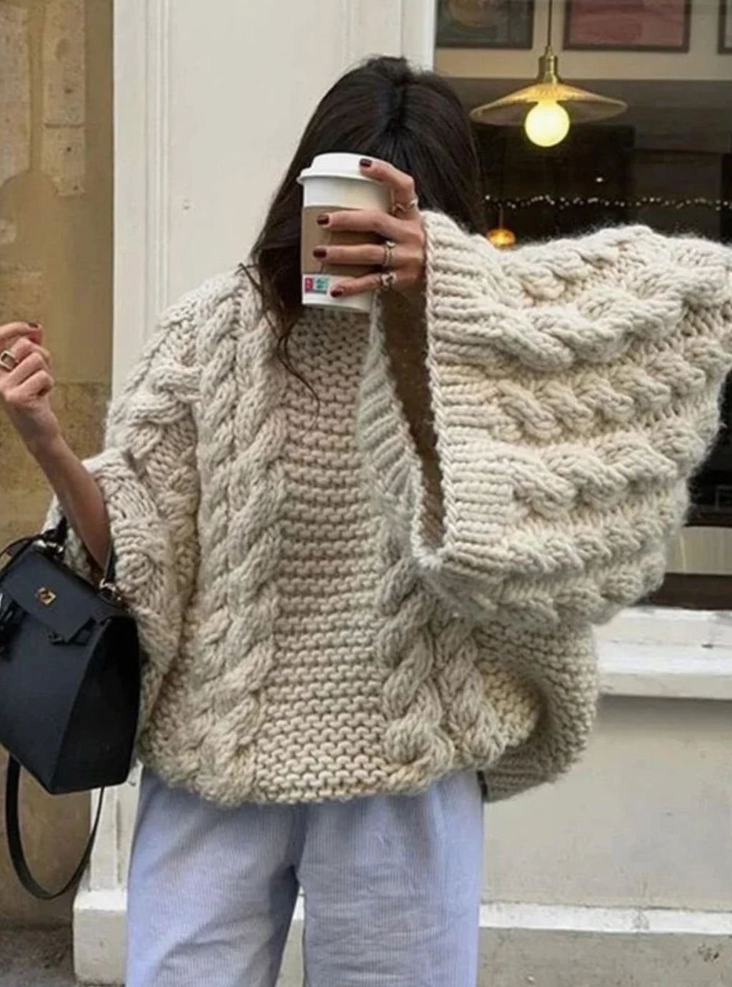 Evelyn | Women's Oversized Loose Cable-Knit Wide-Sleeve Pullover Sweater