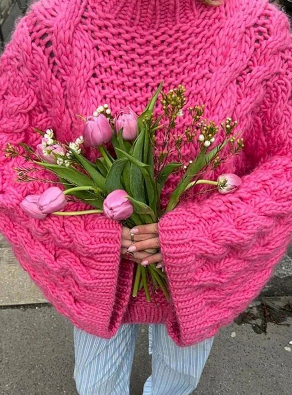 Evelyn | Women's Oversized Loose Cable-Knit Wide-Sleeve Pullover Sweater