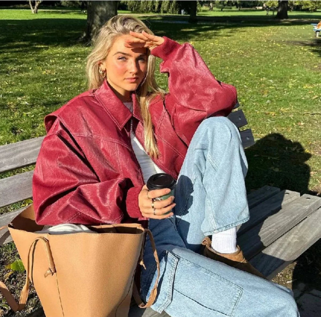 Luna | Women's Oversized Quilted Jacket Zip-Up Bomber Red