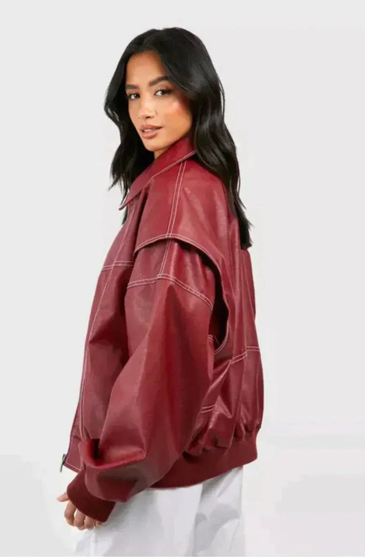 Luna | Women's Oversized Quilted Jacket Zip-Up Bomber Red