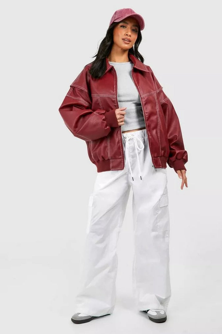 Luna | Women's Oversized Quilted Jacket Zip-Up Bomber Red