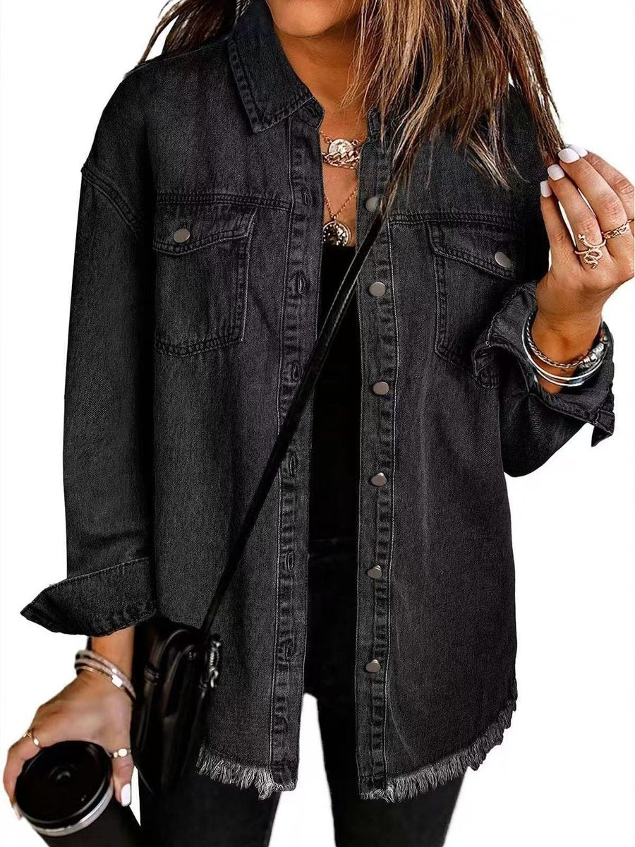 Amelia | Women's Oversized Raw-Hem Snap-Button Denim Jacket