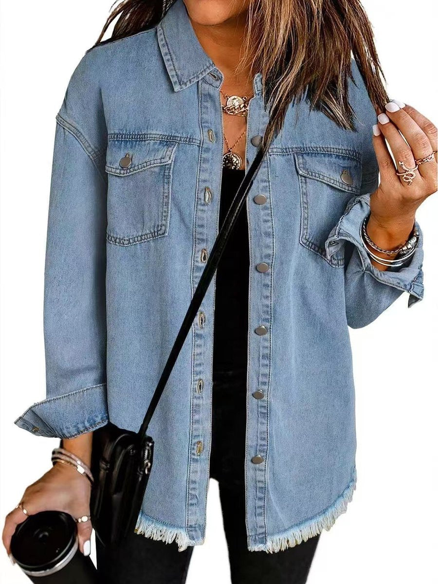Amelia | Women's Oversized Raw-Hem Snap-Button Denim Jacket