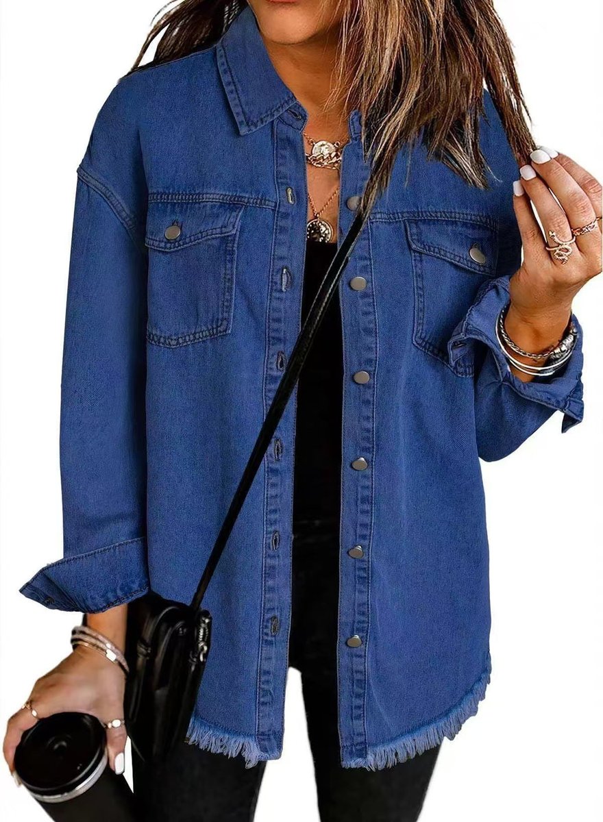 Amelia | Women's Oversized Raw-Hem Snap-Button Denim Jacket