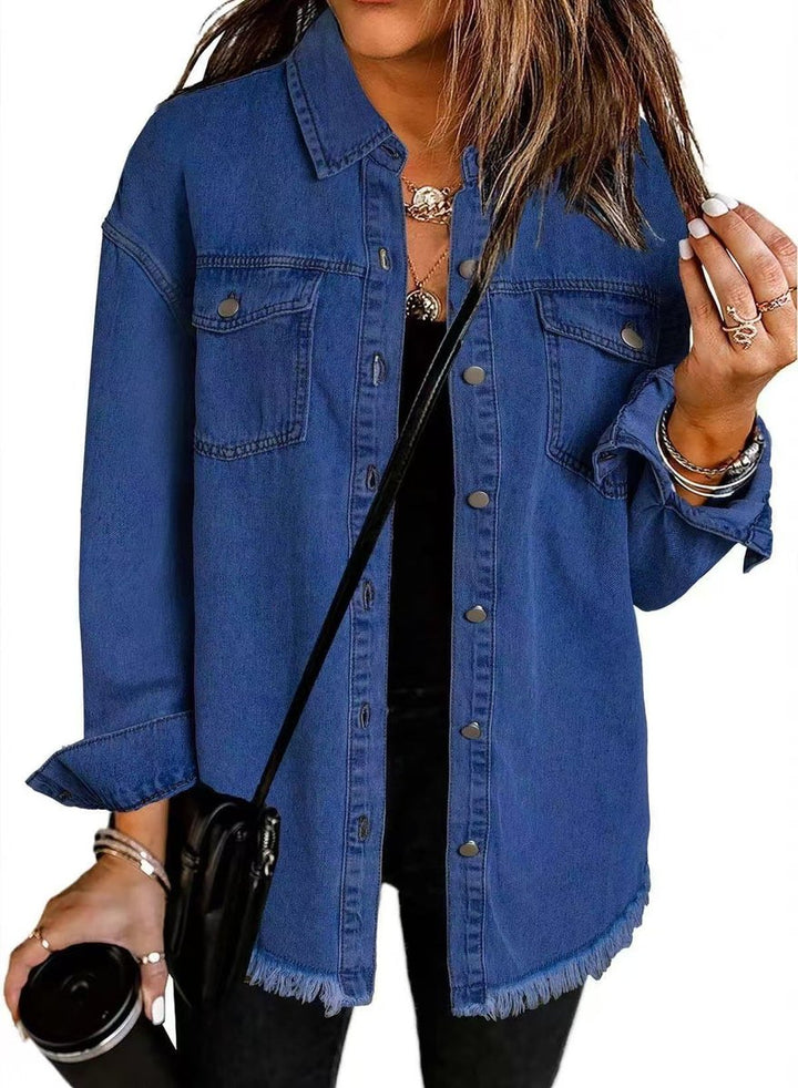 Amelia | Women's Oversized Raw-Hem Snap-Button Denim Jacket