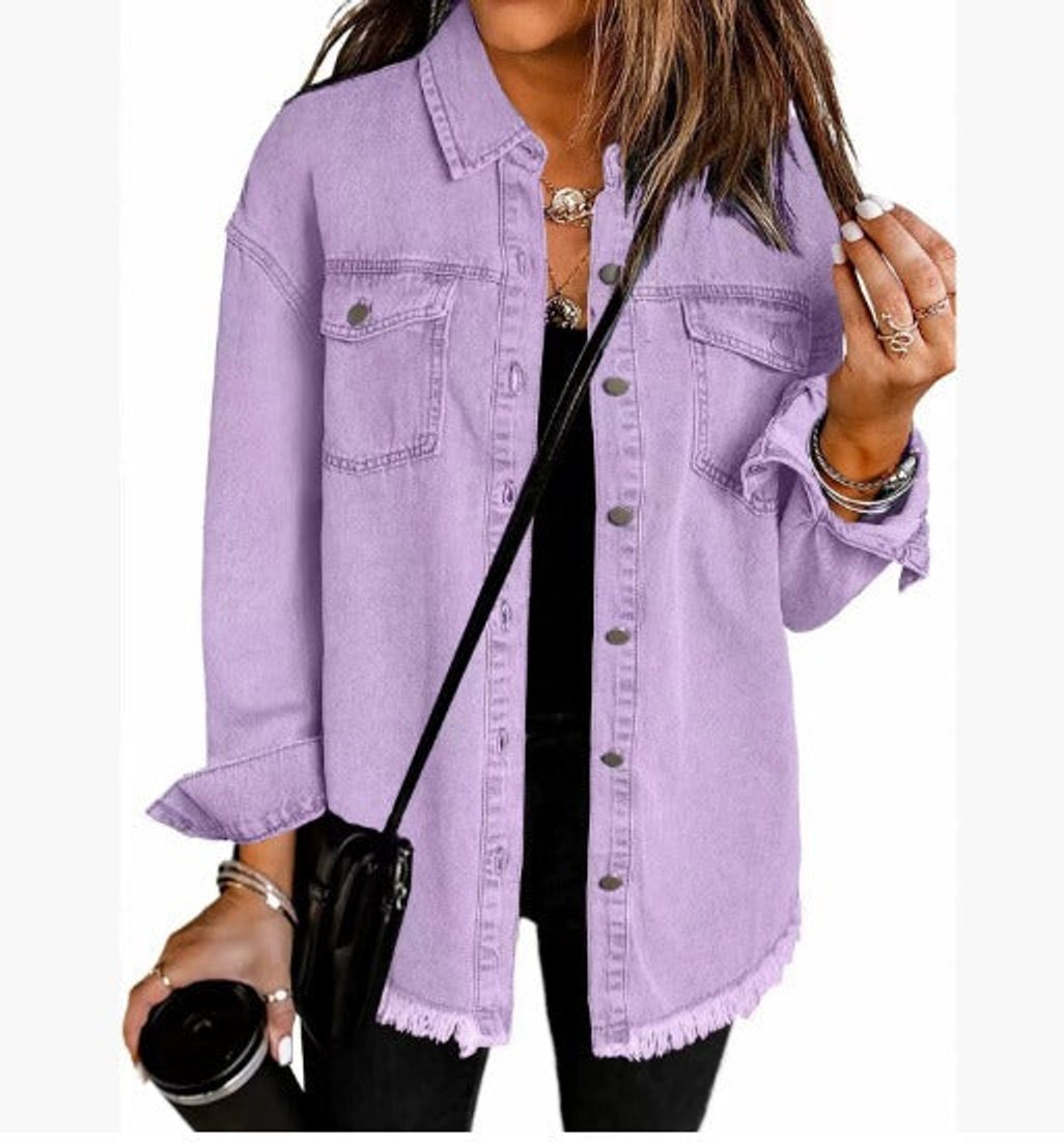 Amelia | Women's Oversized Raw-Hem Snap-Button Denim Jacket