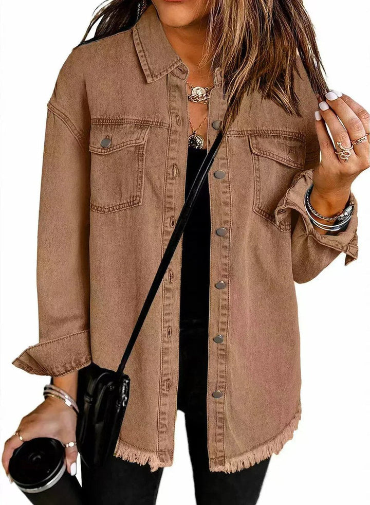Amelia | Women's Oversized Raw-Hem Snap-Button Denim Jacket