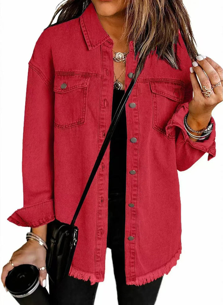 Amelia | Women's Oversized Raw-Hem Snap-Button Denim Jacket
