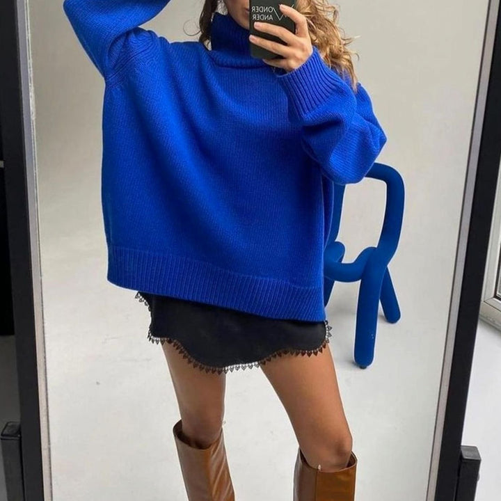 Luna | Women's Oversized Ribbed-Trim Knit Turtleneck Sweater