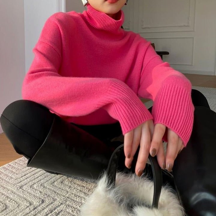 Luna | Women's Oversized Ribbed-Trim Knit Turtleneck Sweater