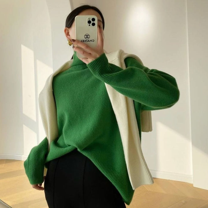 Luna | Women's Oversized Ribbed-Trim Knit Turtleneck Sweater