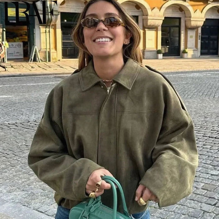 Charlotte | Women's Oversized Suede-Look Light Bomber Jacket Full-Zip Aviator
