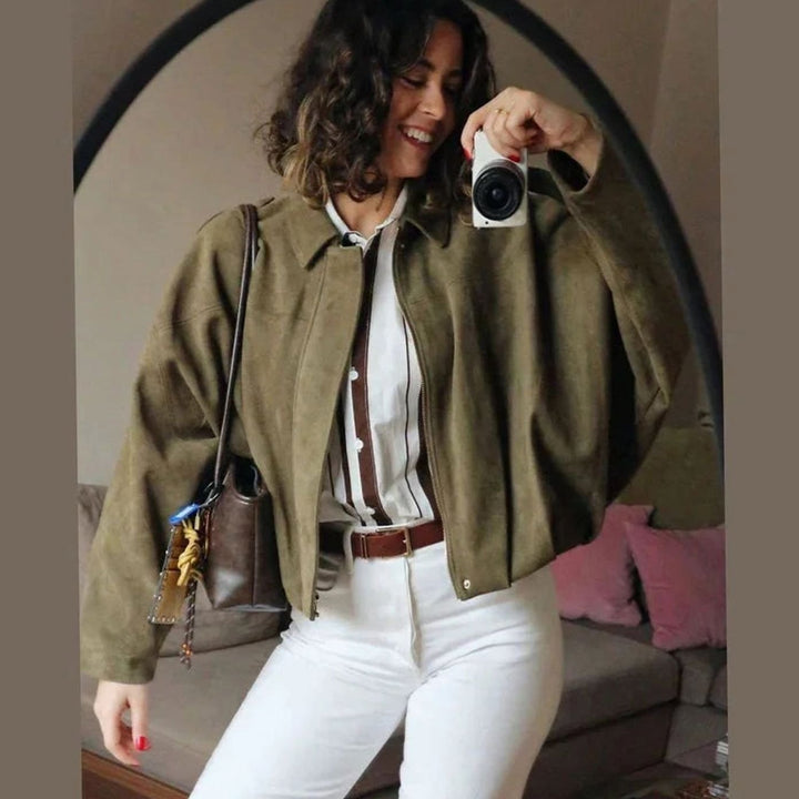 Charlotte | Women's Oversized Suede-Look Light Bomber Jacket Full-Zip Aviator