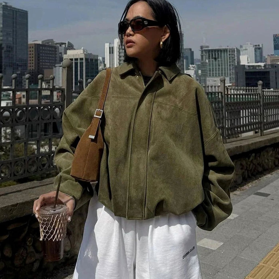 Charlotte | Women's Oversized Suede-Look Light Bomber Jacket Full-Zip Aviator