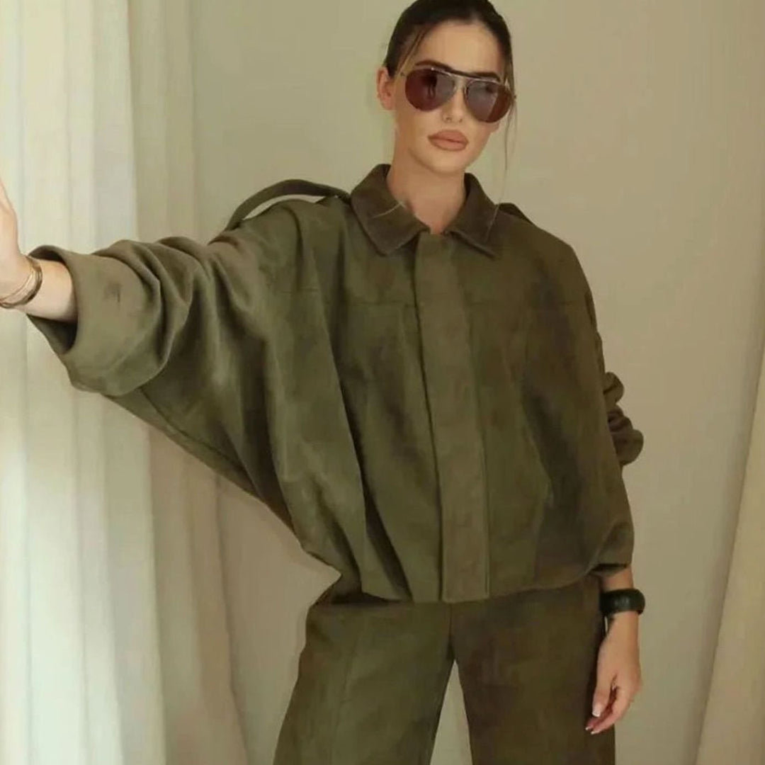 Charlotte | Women's Oversized Suede-Look Light Bomber Jacket Full-Zip Aviator