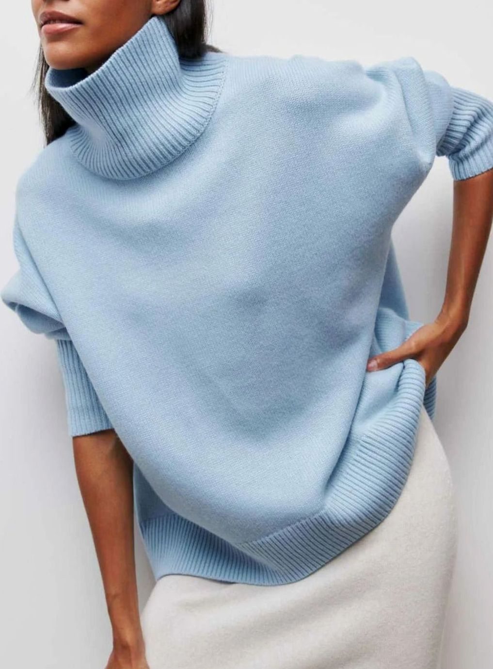 Ava | Women's Oversized Turtleneck Cardigan Sweater Elbow Slit Ribbed Knit