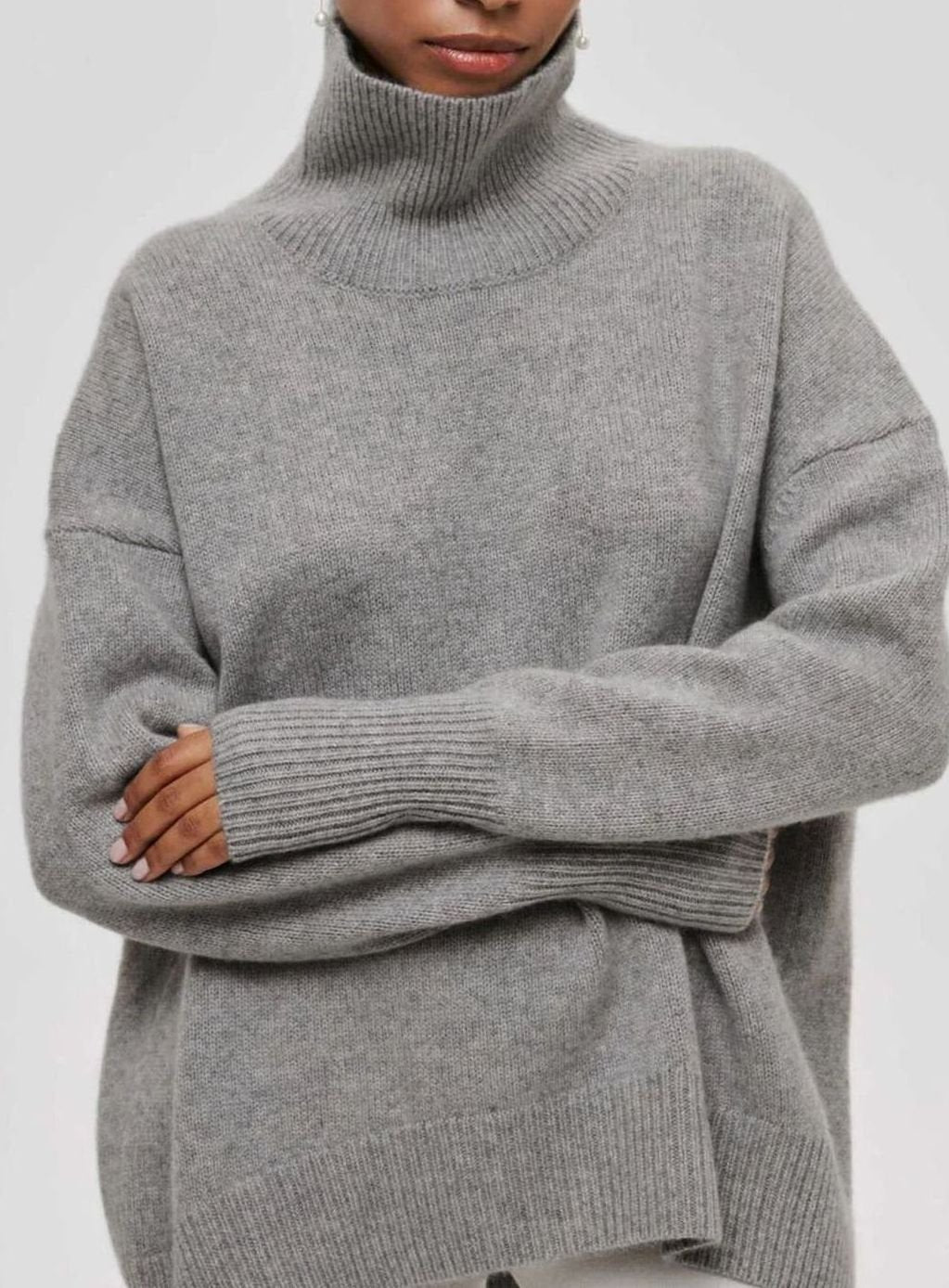 Ava | Women's Oversized Turtleneck Cardigan Sweater Elbow Slit Ribbed Knit