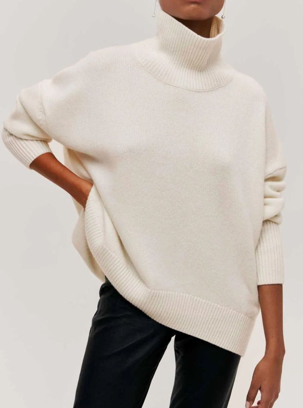 Ava | Women's Oversized Turtleneck Cardigan Sweater Elbow Slit Ribbed Knit