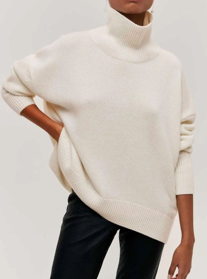 Ava | Women's Oversized Turtleneck Cardigan Sweater Elbow Slit Ribbed Knit