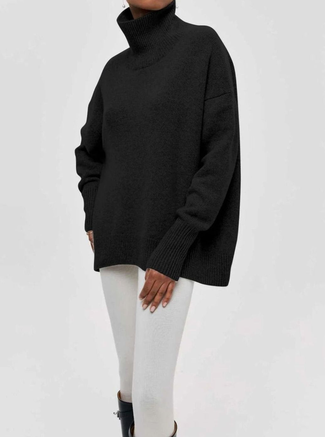 Ava | Women's Oversized Turtleneck Cardigan Sweater Elbow Slit Ribbed Knit
