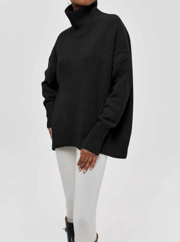 Ava | Women's Oversized Turtleneck Cardigan Sweater Elbow Slit Ribbed Knit
