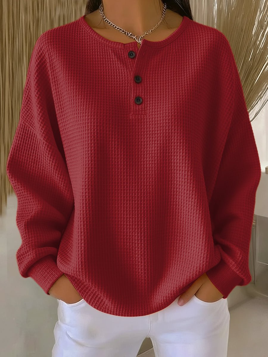 Charlotte | Women's Oversized Waffle Knit Sweater Henley Long Sleeve Top