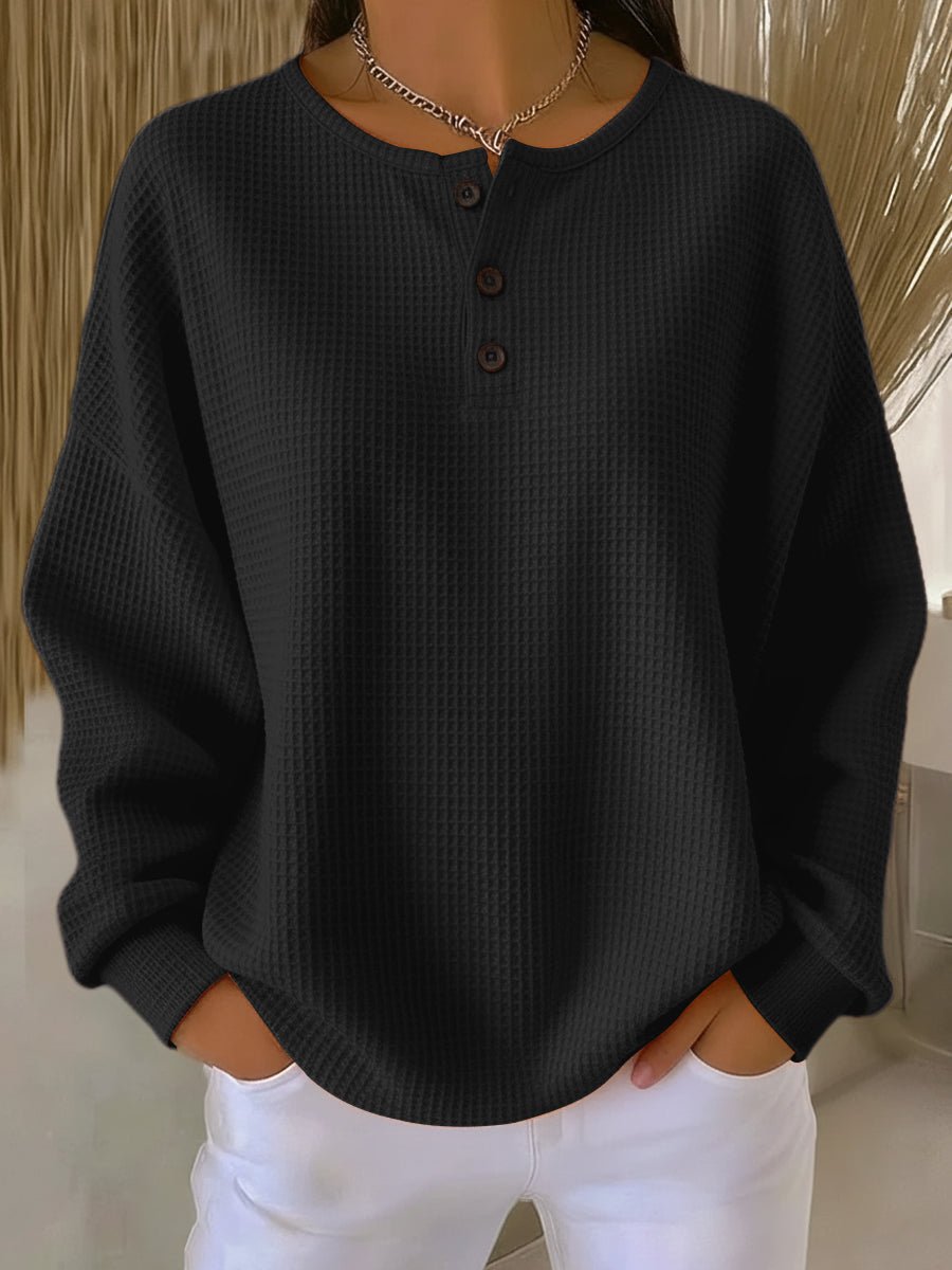 Charlotte | Women's Oversized Waffle Knit Sweater Henley Long Sleeve Top
