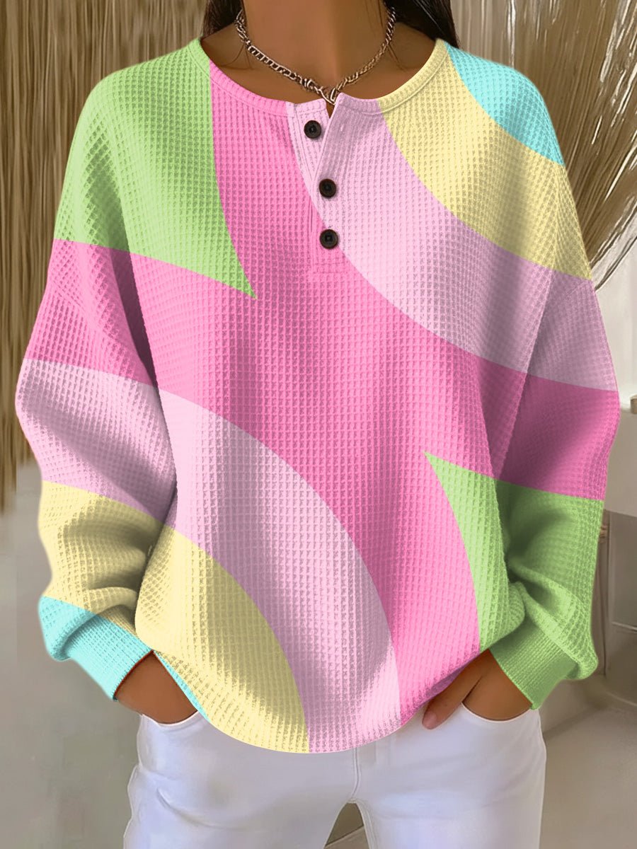 Sophia | Women's Pastel Colour-Block Waffle-Knit Henley Pullover Sweater