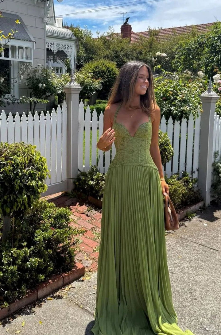 Aria | Women's Pleated Corset Maxi Dress Formal Halter Gown
