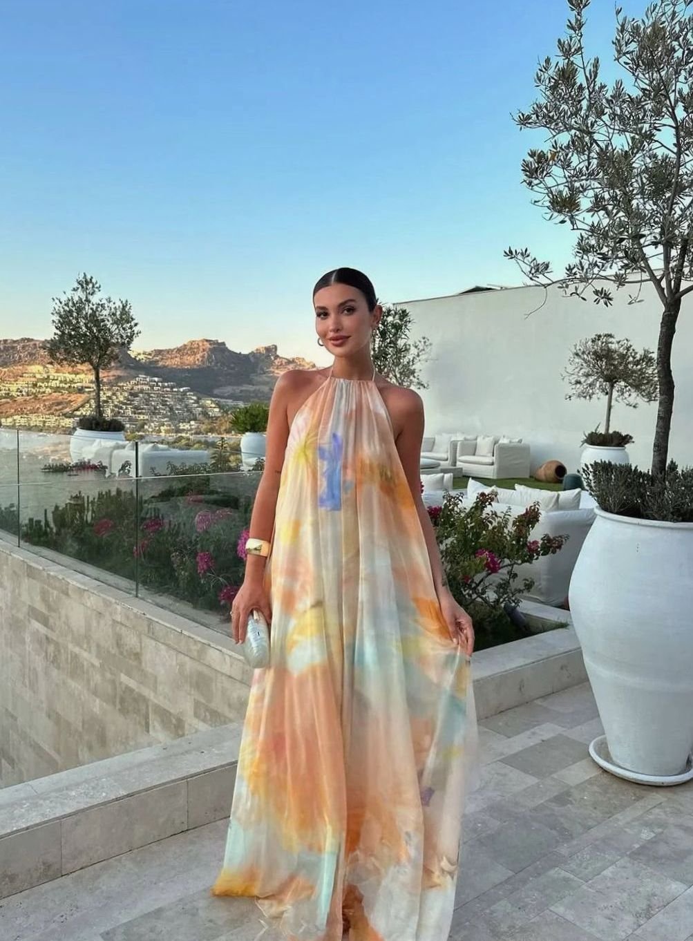 Isabella | Women's Printed Backless Halter-Neck Flowy Maxi Dress