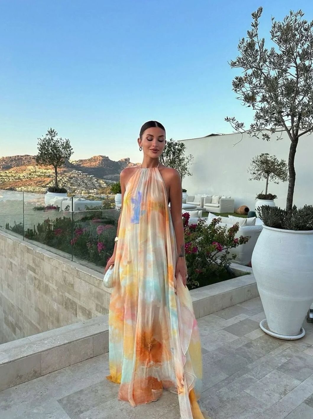 Isabella | Women's Printed Backless Halter-Neck Flowy Maxi Dress