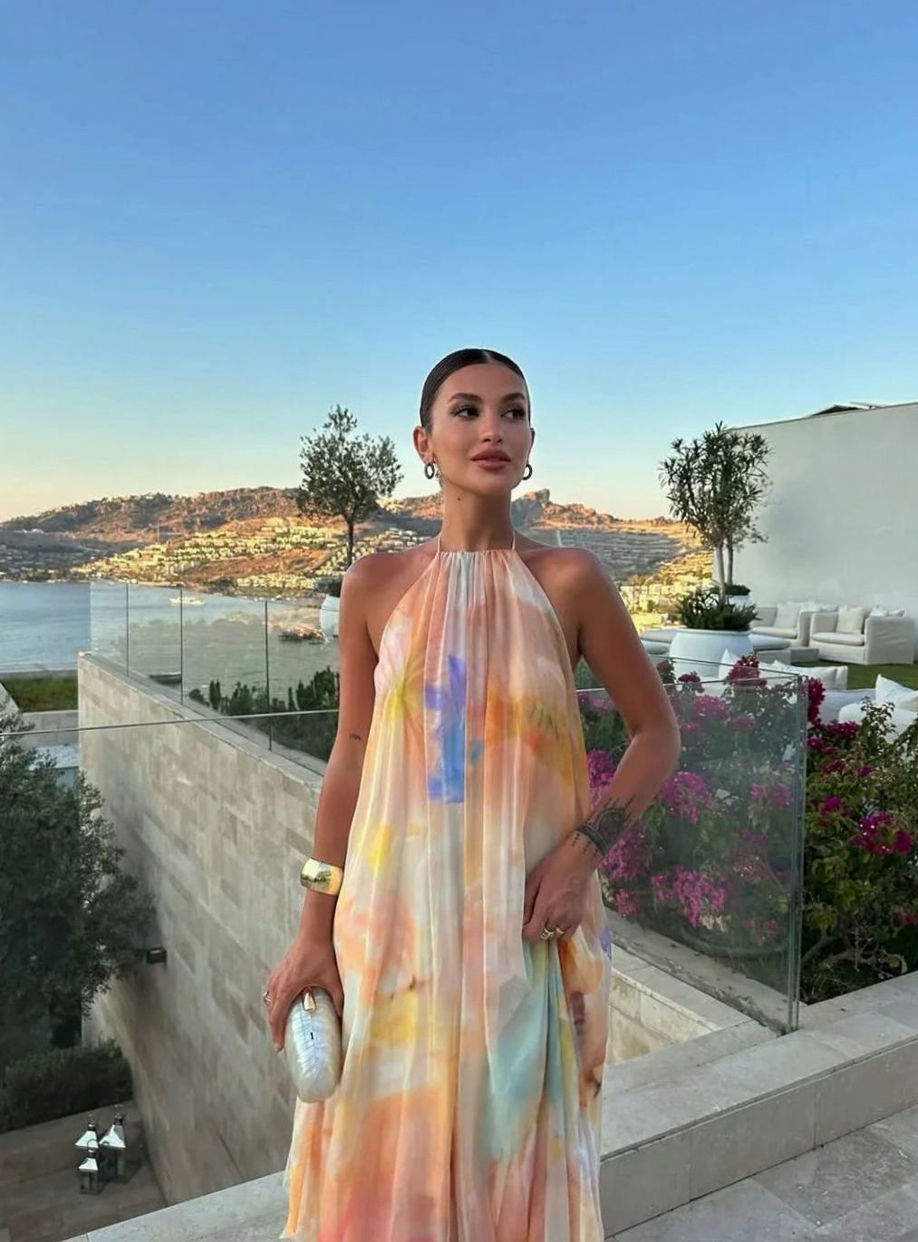 Isabella | Women's Printed Backless Halter-Neck Flowy Maxi Dress