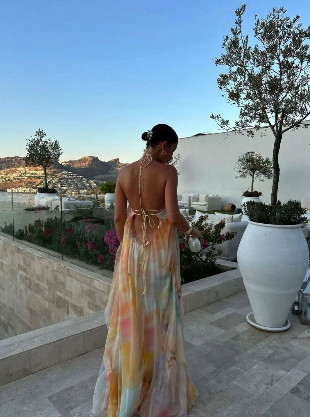 Isabella | Women's Printed Backless Halter-Neck Flowy Maxi Dress