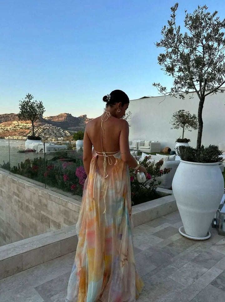 Isabella | Women's Printed Backless Halter-Neck Flowy Maxi Dress