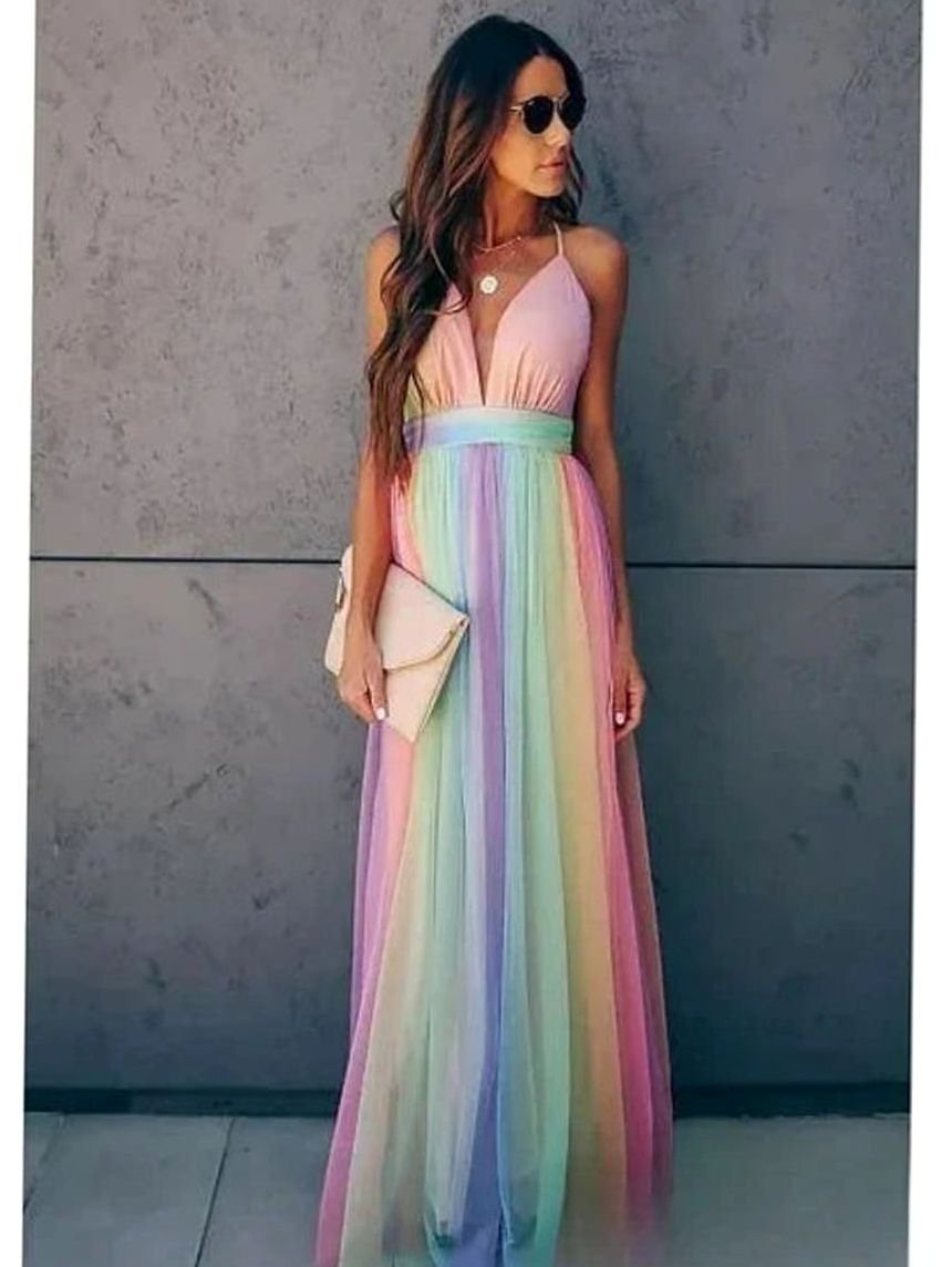 Evelyn | Women's Rainbow Striped Backless Maxi Sundress