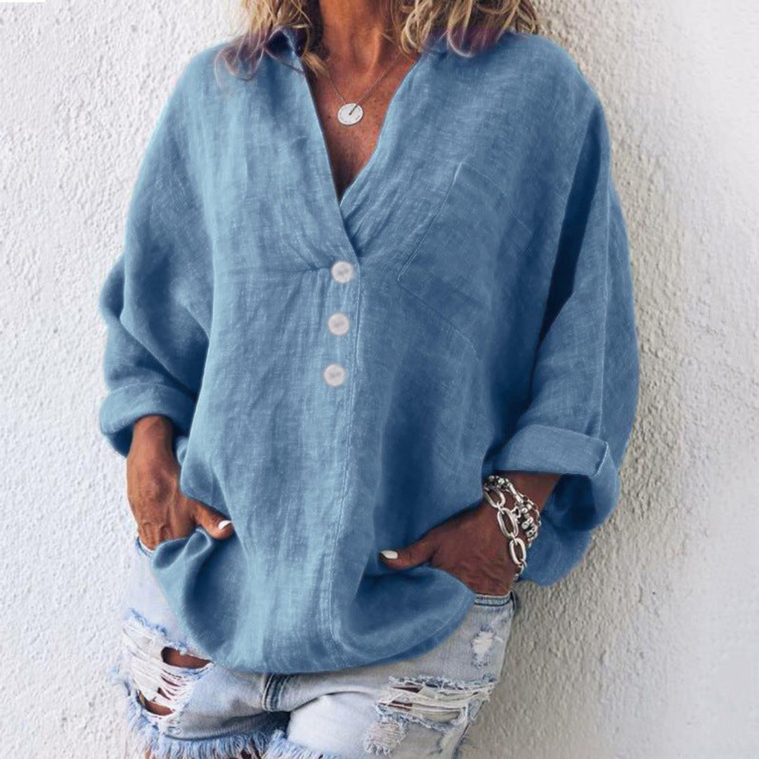 Amelia | Women's Relaxed-Fit Linen Button-Up Sweater Top